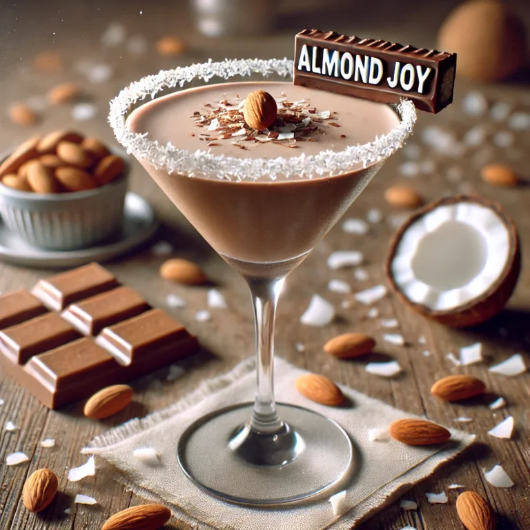 Chocolate cocktail garnished with an Almond Joy candy bar, almonds, and coconut flakes.