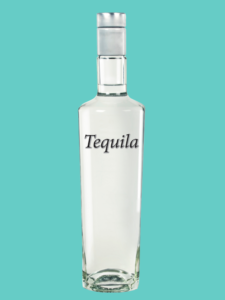 Transparent tequila bottle with a silver cap and the word 'Tequila' printed on the front.