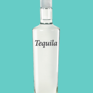 Transparent tequila bottle with a silver cap and the word 'Tequila' printed on the front.