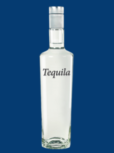 Transparent tequila bottle with a label that reads 'Tequila' in a bold font.