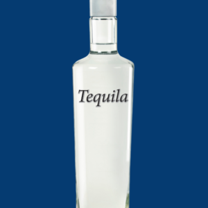 Transparent tequila bottle with a label that reads 'Tequila' in a bold font.