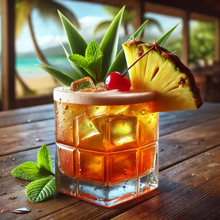 Mai Tai cocktail served in a glass with pineapple, cherry, and mint garnish on a wooden table.